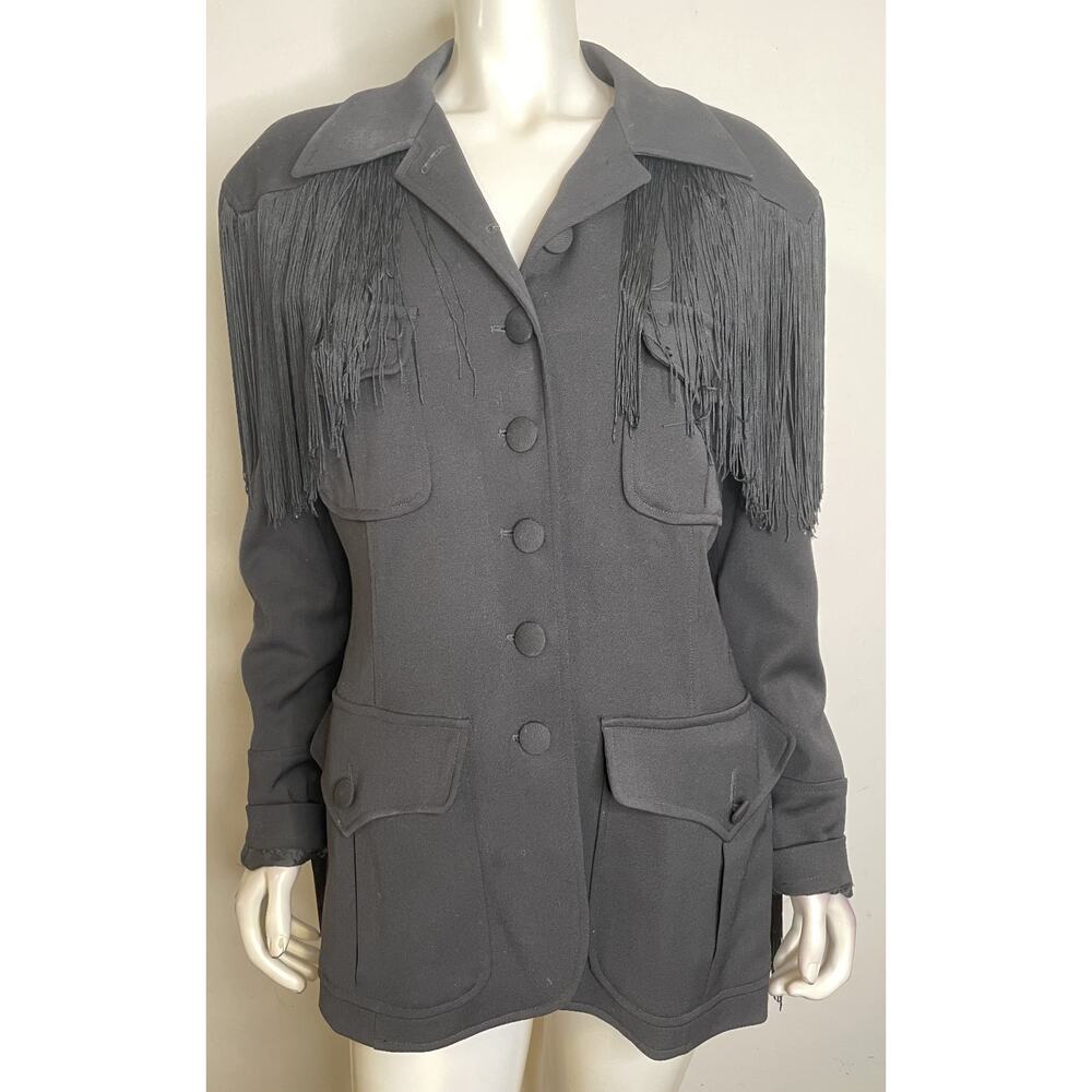 VTG Moschino Black Western Jacket Womens US 14 Wool Fringe Trim Button Front - Picture 3 of 16